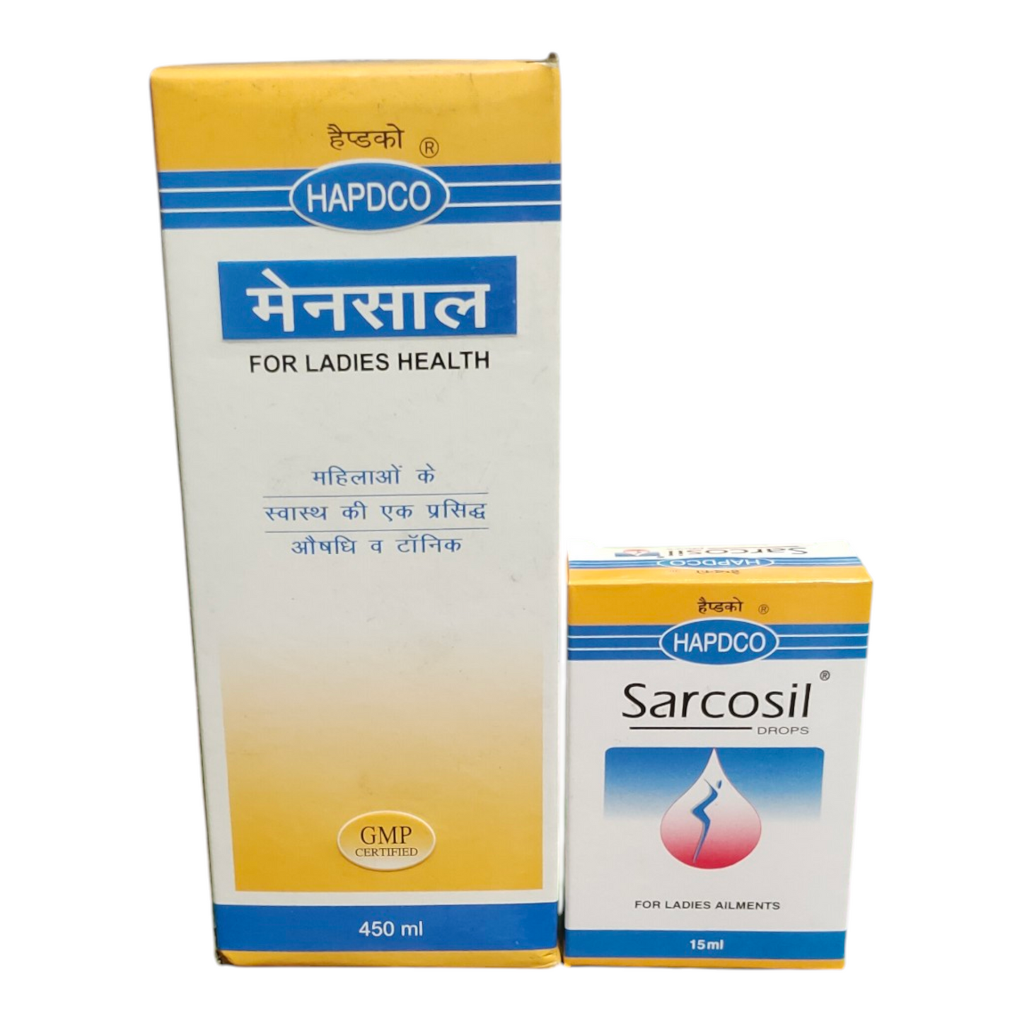 Two boxes of Hapdco products for ladies health on a white background