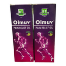 Two boxes of Olmuv Pain Relief Oil with a visible brand logo on a white background.