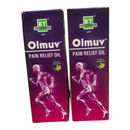 Two boxes of Olmuv Pain Relief Oil with a running man illustration on a white background