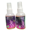 Two bottles of Olmuv Pain Relief Oil on a white background