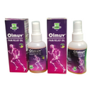 Two bottles and two boxes of Olmuv Pain Relief Oil on a white background