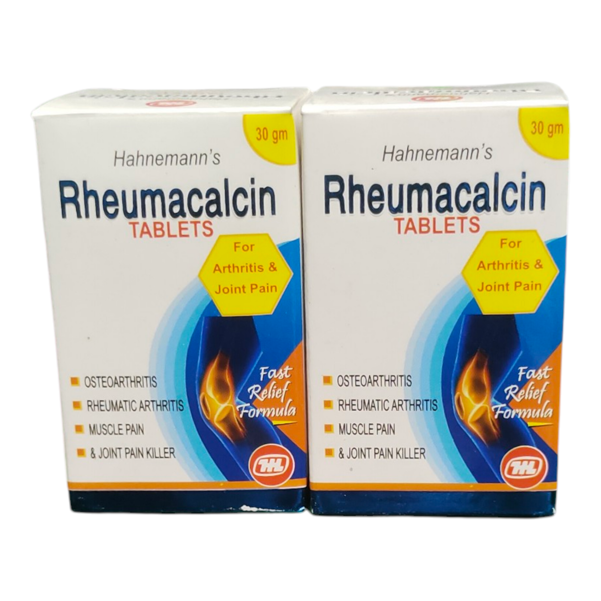 Two boxes of Hahnemann's Rheumacalcin Tablets for arthritis and joint pain on a white background.