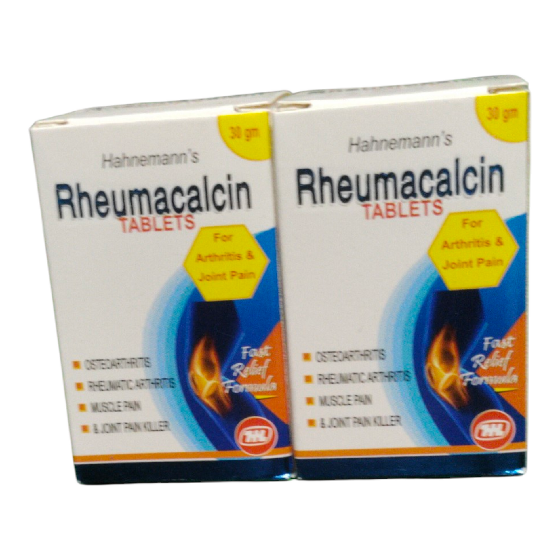 Two boxes of Hahnemann's Rheumacalcin Tablets on a white background