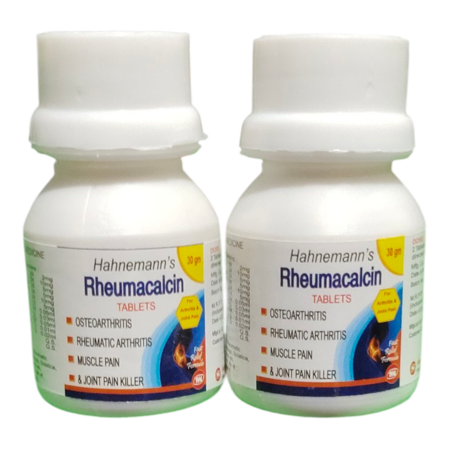 Two bottles of Hahnemann's Rheumacalcin Tablets on a white background