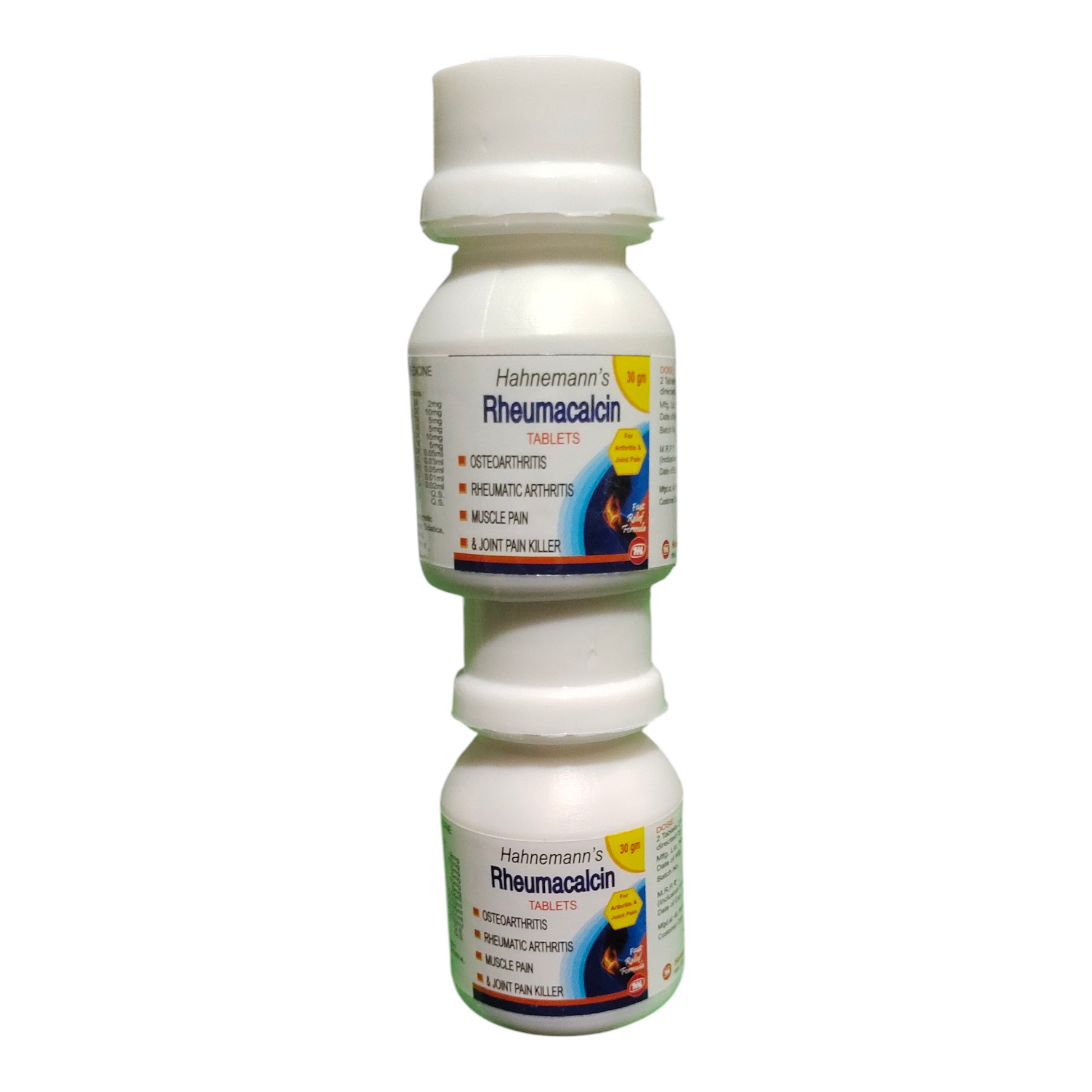 Two bottles of Hahnemann's Rheumacalcin on a white background