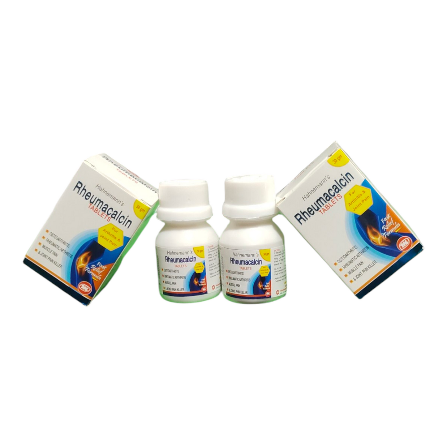 Two bottles and two boxes of Rheumacalcin on a white background
