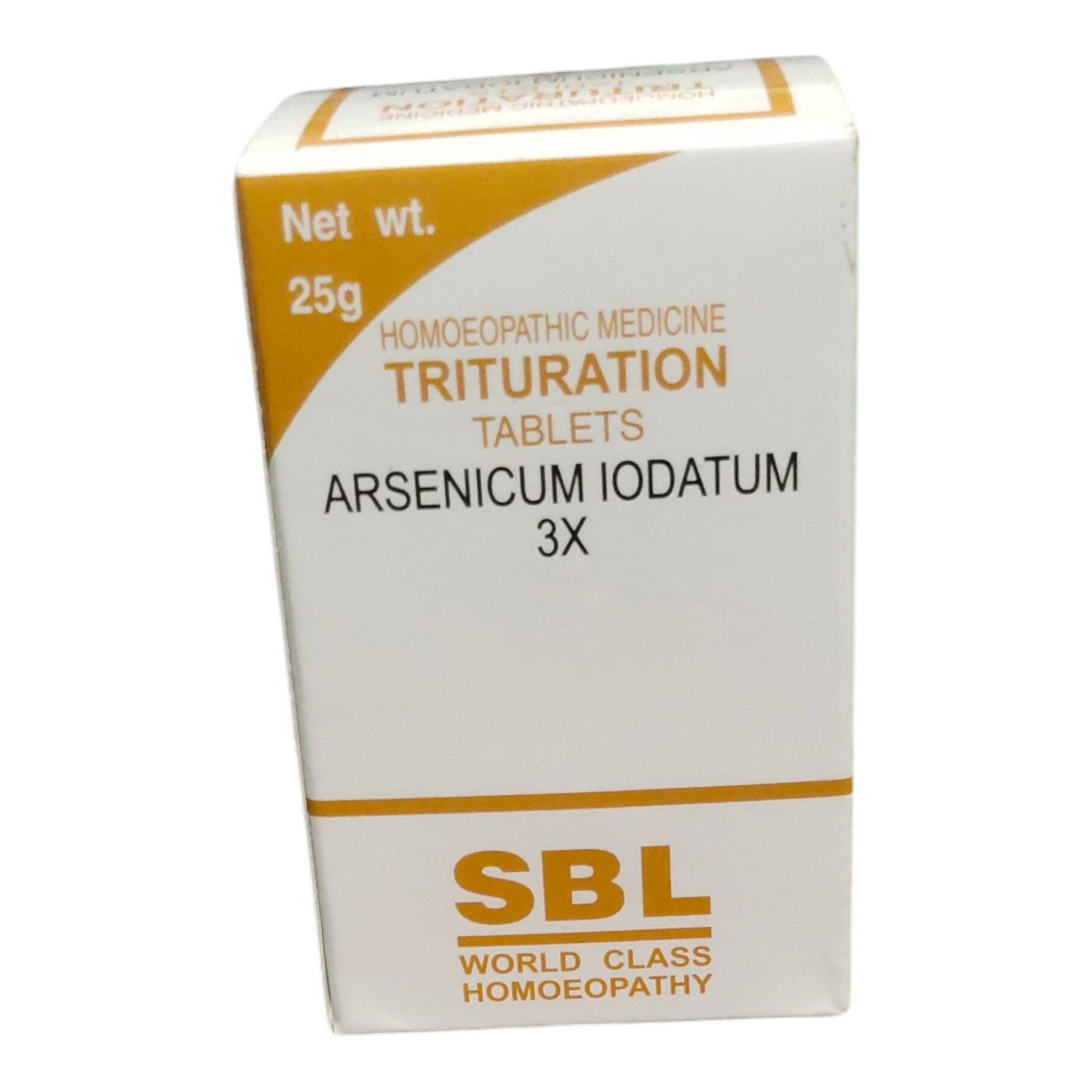 Box of SBL Arsenicum Iodatum 3X homoeopathic tablets on a white background