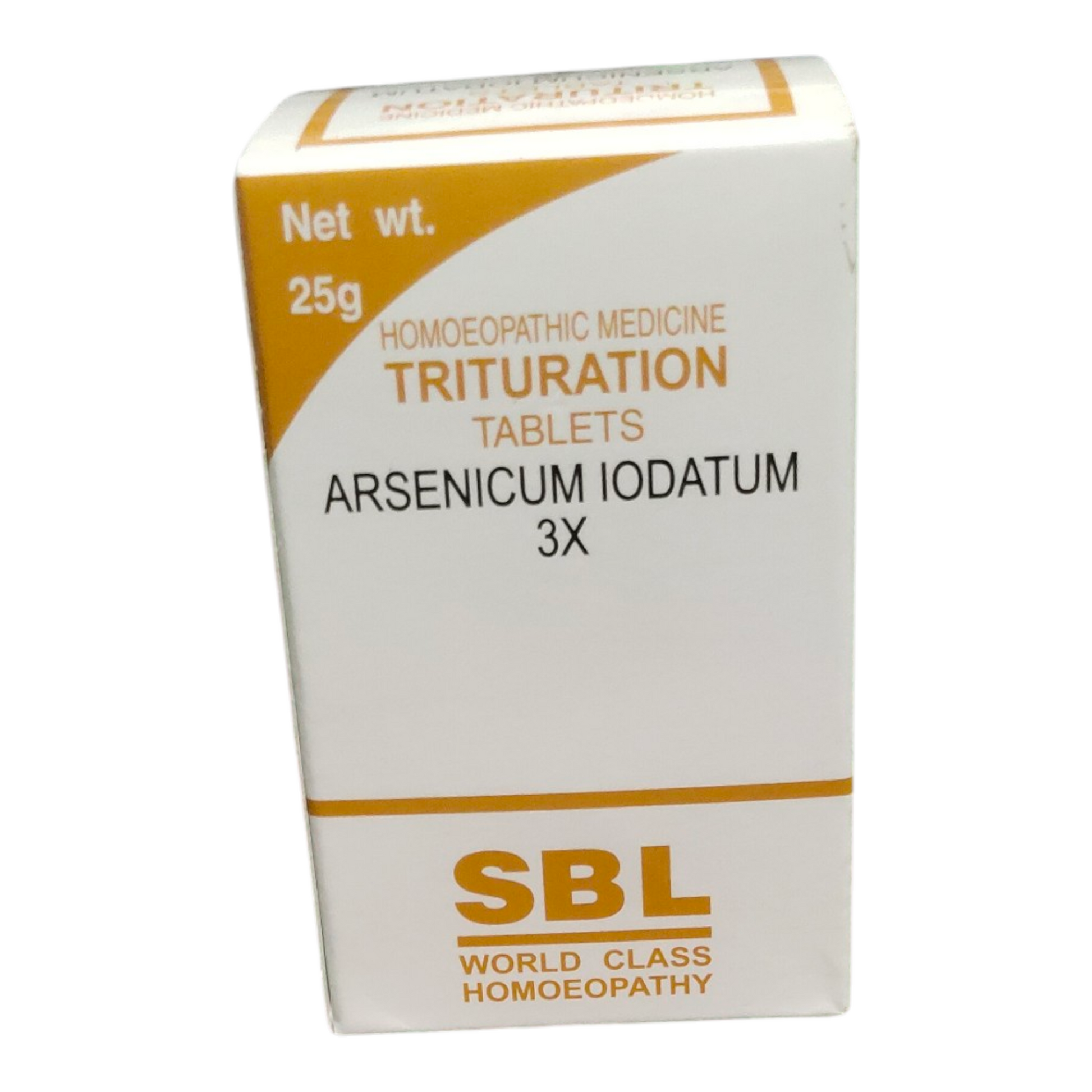 Box of SBL Arsenicum Iodatum 3X homoeopathic tablets on a white background