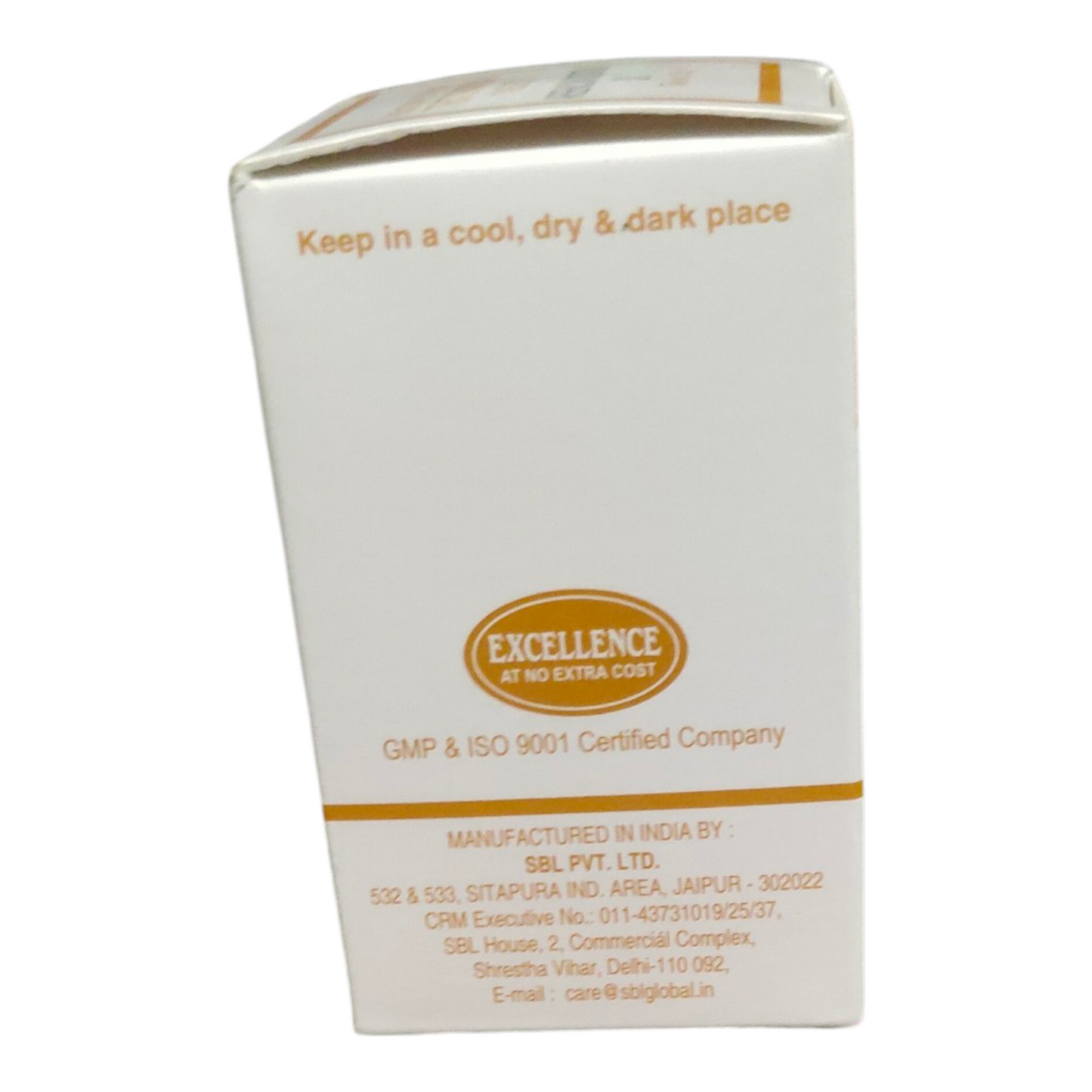 White box with gold text and branding on a white background