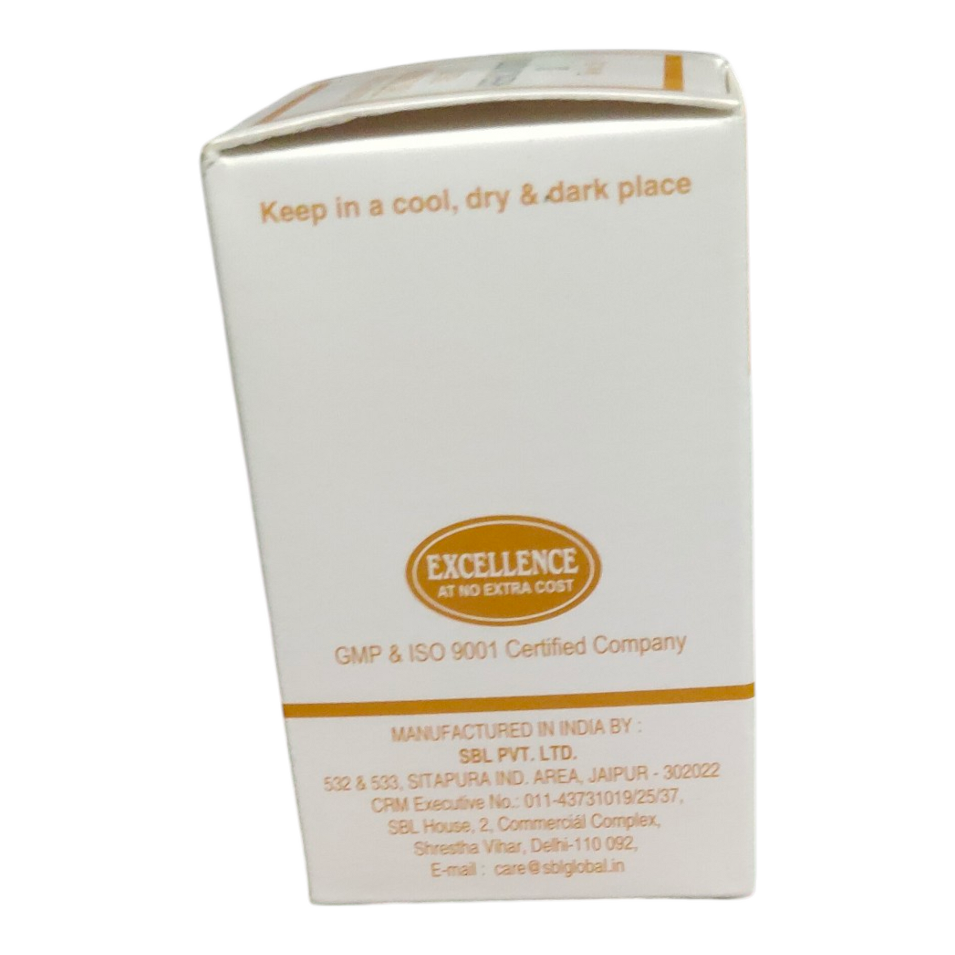 White box with gold text and branding on a white background