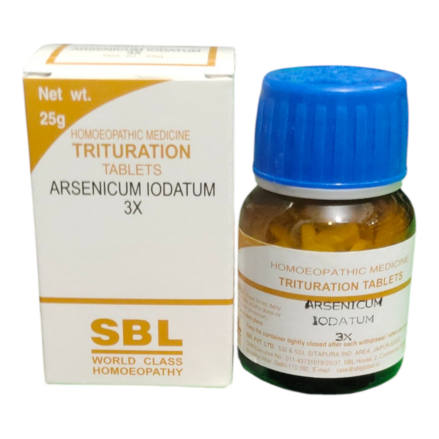 Bottle of SBL Arsenicum Iodatum 3X homoeopathic medicine with packaging on a white background