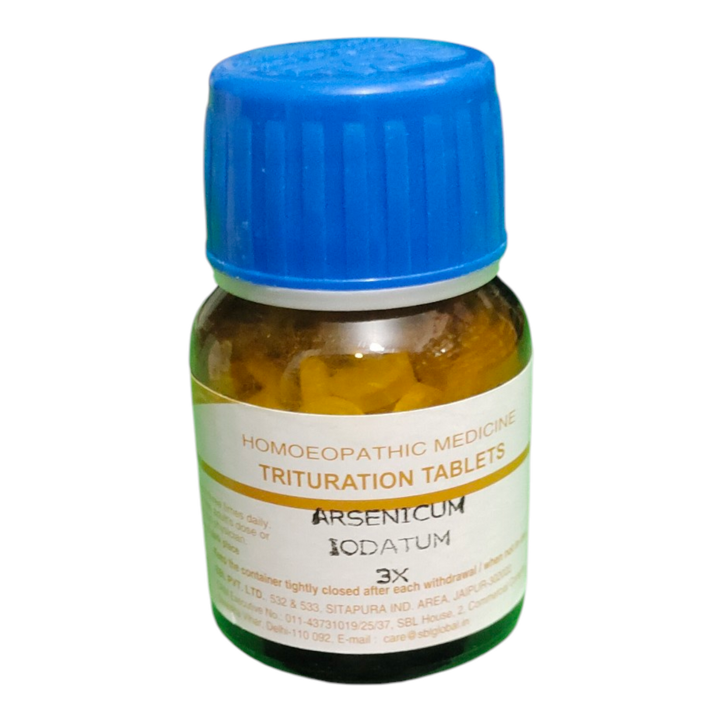 Bottle of Arsenicum Iodatum trituration tablets with a blue cap on a white background