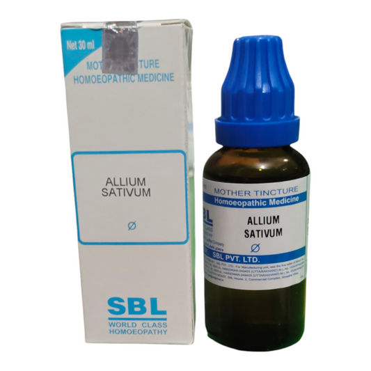 Bottle and box of SBL Allium Sativum homeopathic medicine on a white background