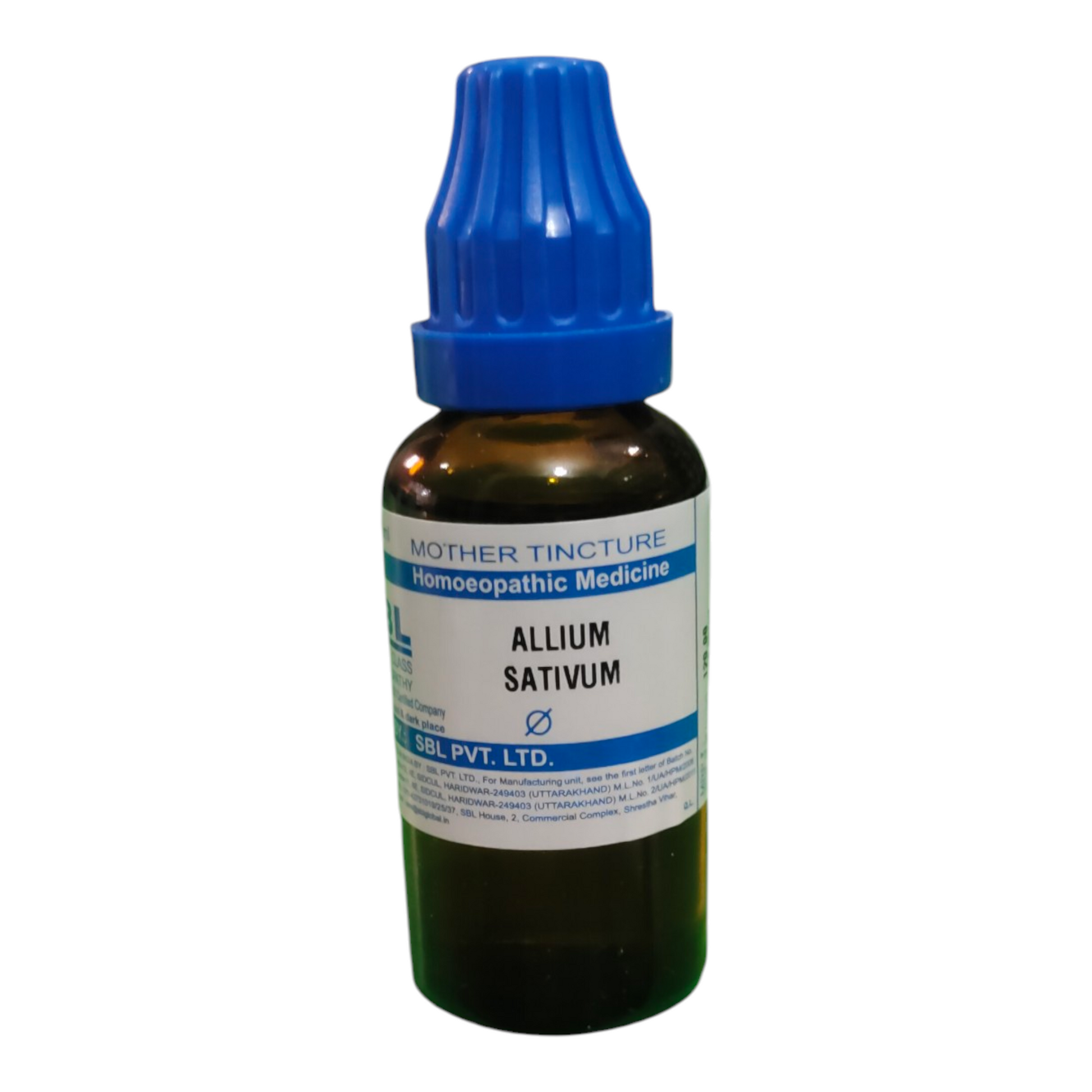 Bottle of Allium Sativum mother tincture with blue cap on a white background