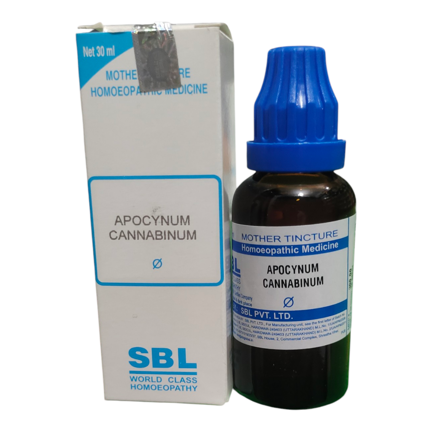 Bottle and box of Apocynum Cannabinum medicine from SBL on a white background