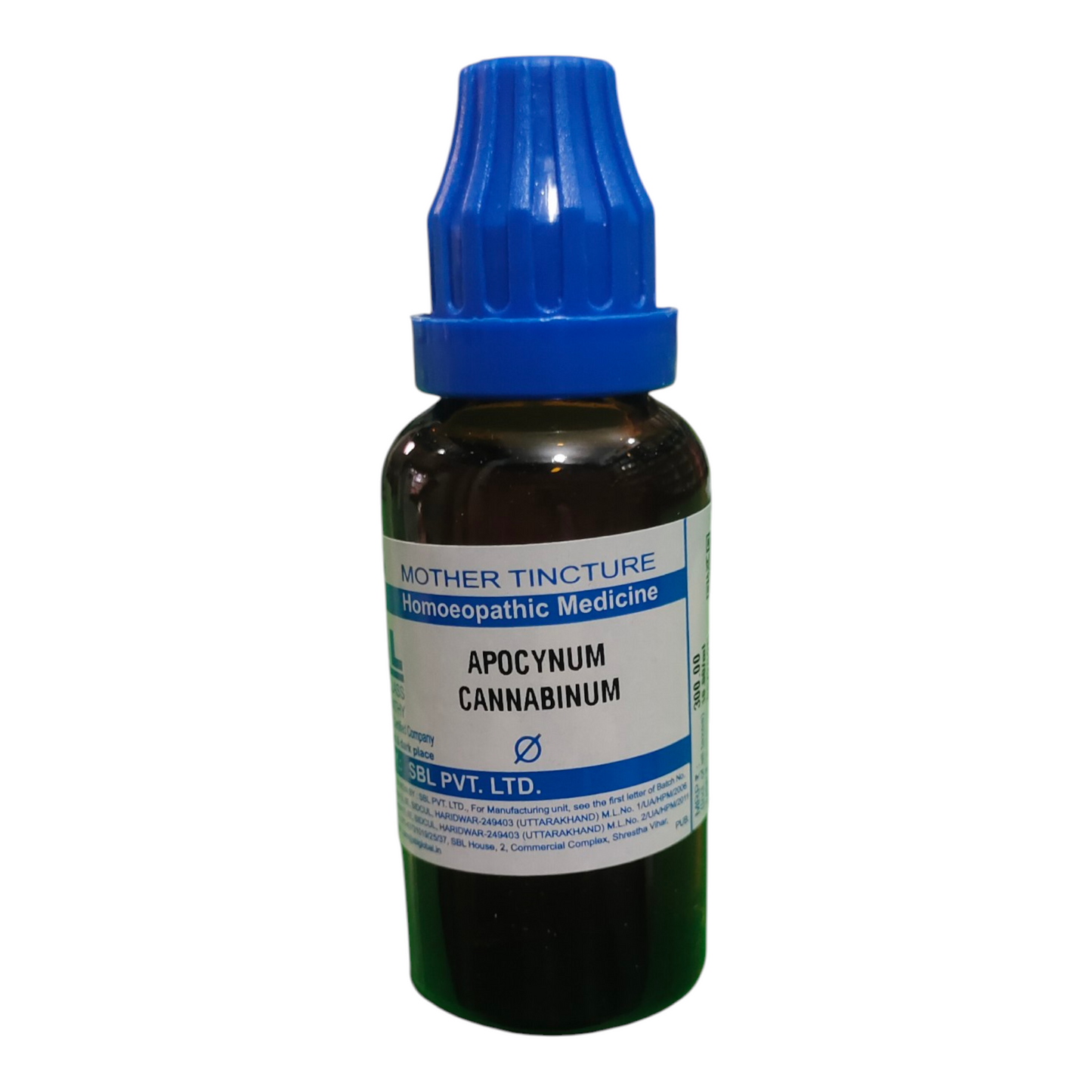 Bottle of Apocynum Cannabinum Mother Tincture with blue cap on a white background