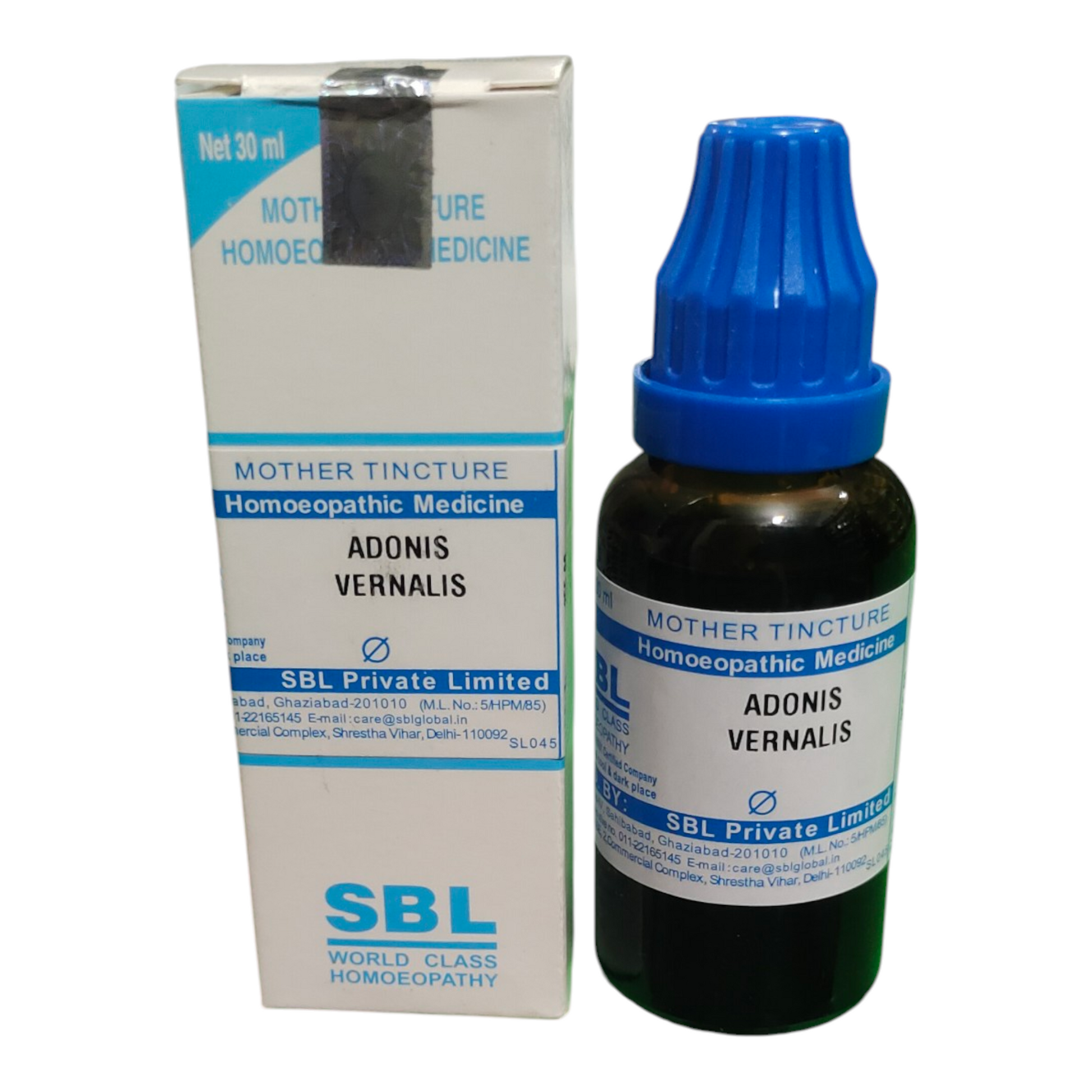 SBL Adonis Vernalis homeopathic medicine bottle and packaging on a white background