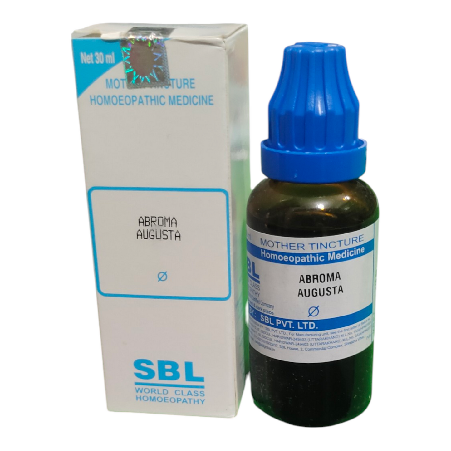 SBL Abroma Augusta homeopathic medicine bottle and box on a white background