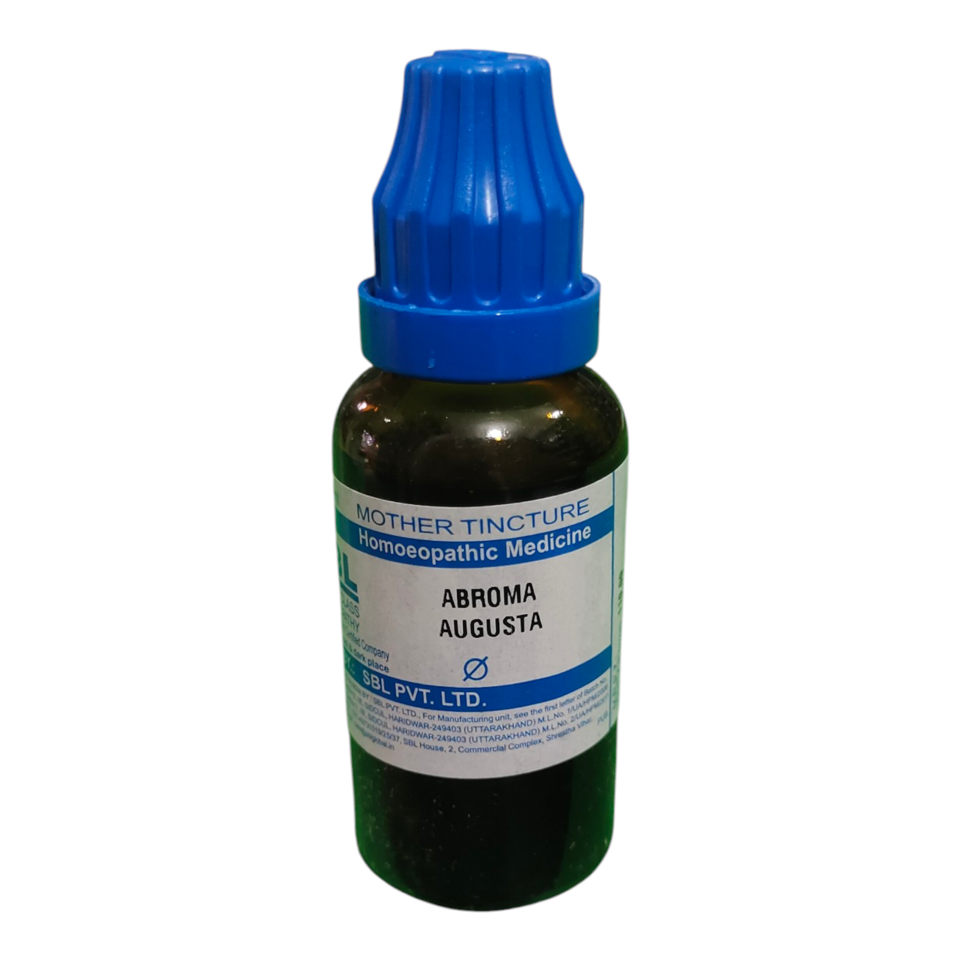 Bottle of Abroma Augusta Mother Tincture Homeopathic Medicine with blue cap on a white background