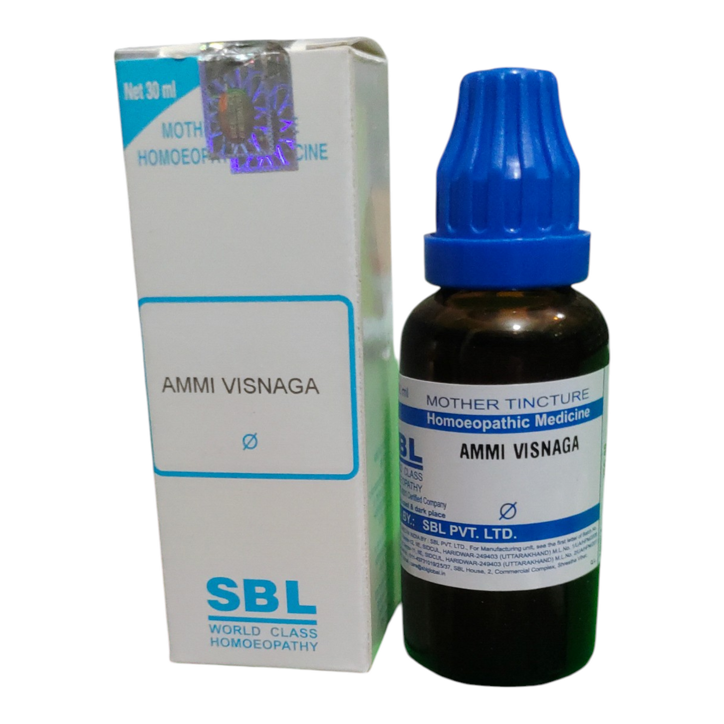 Ammi Visnaga bottle and packaging with SBL branding on a white background