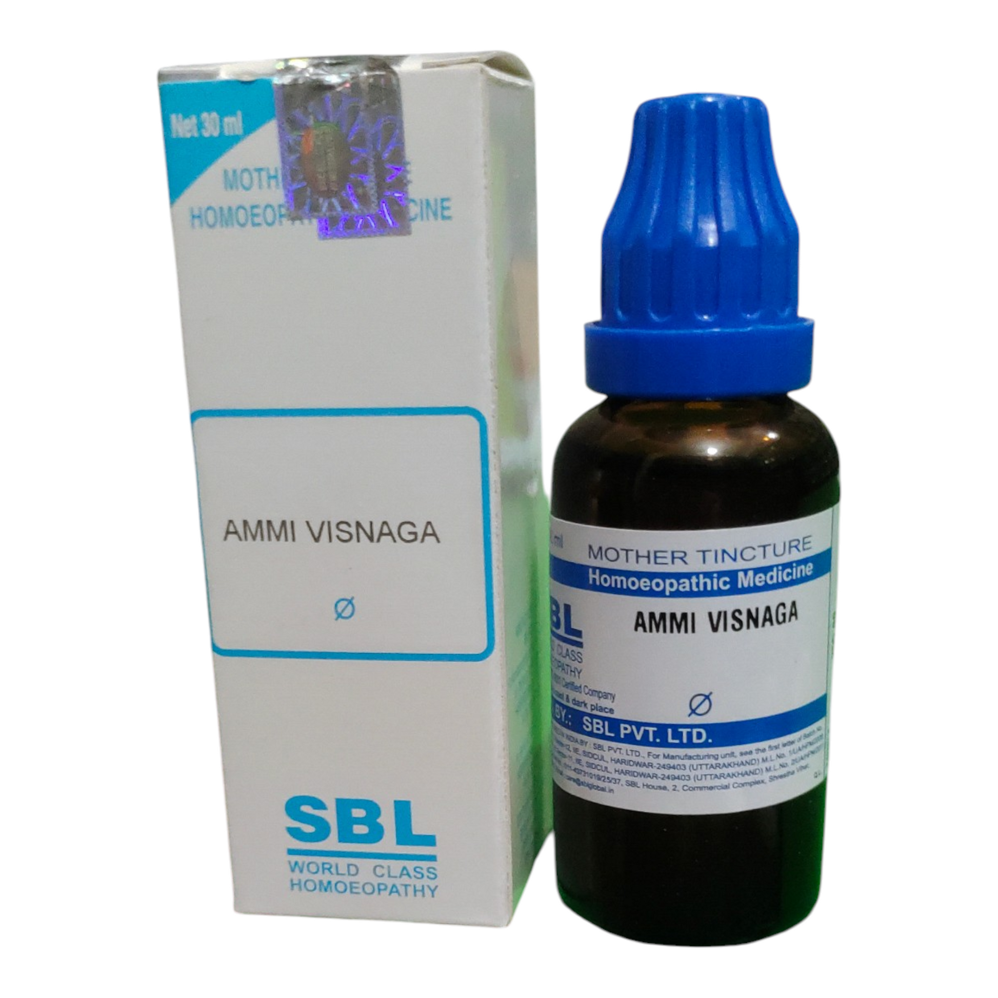 Ammi Visnaga bottle and packaging with SBL branding on a white background
