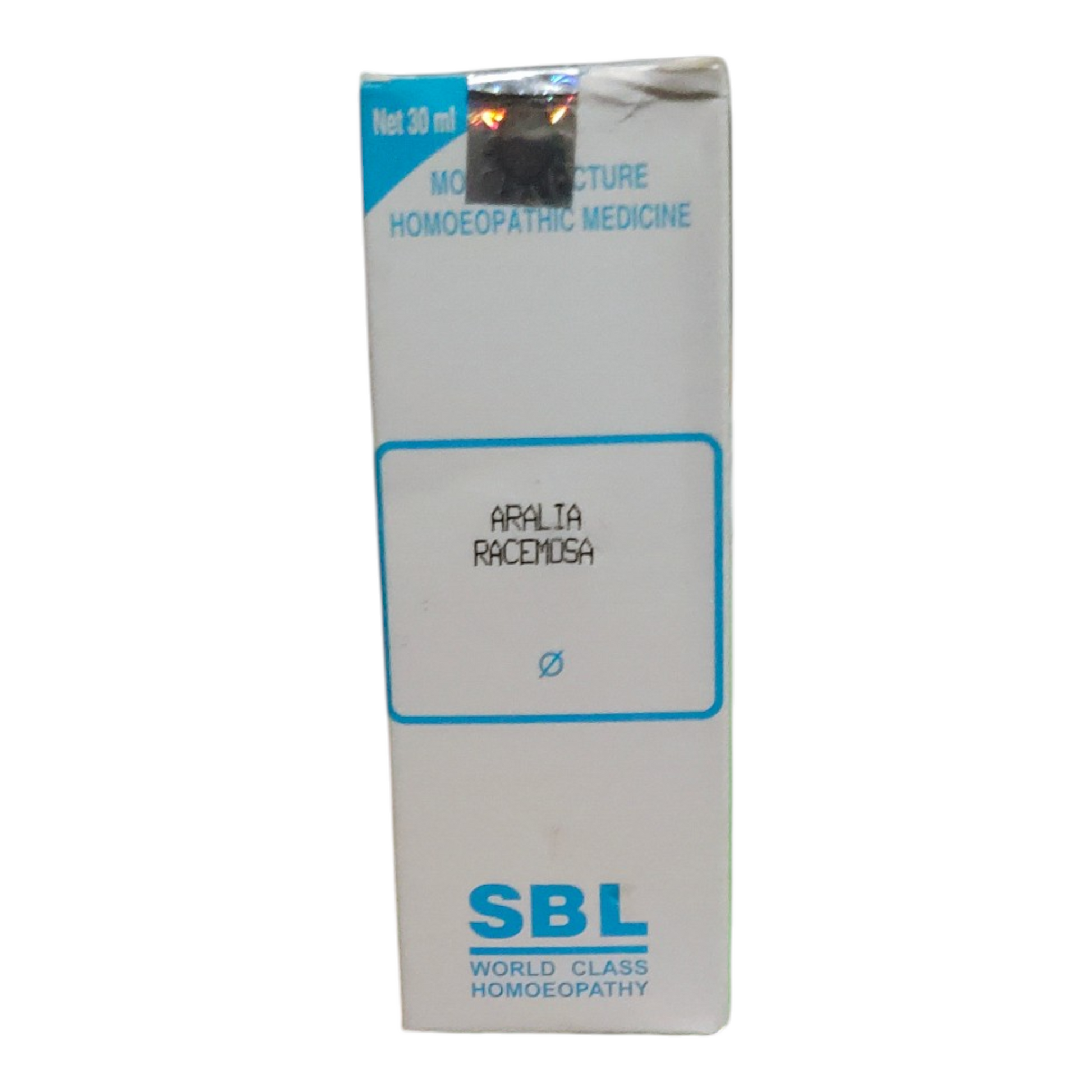 SBL Aralta Racemosa homeopathic medicine box on a white background