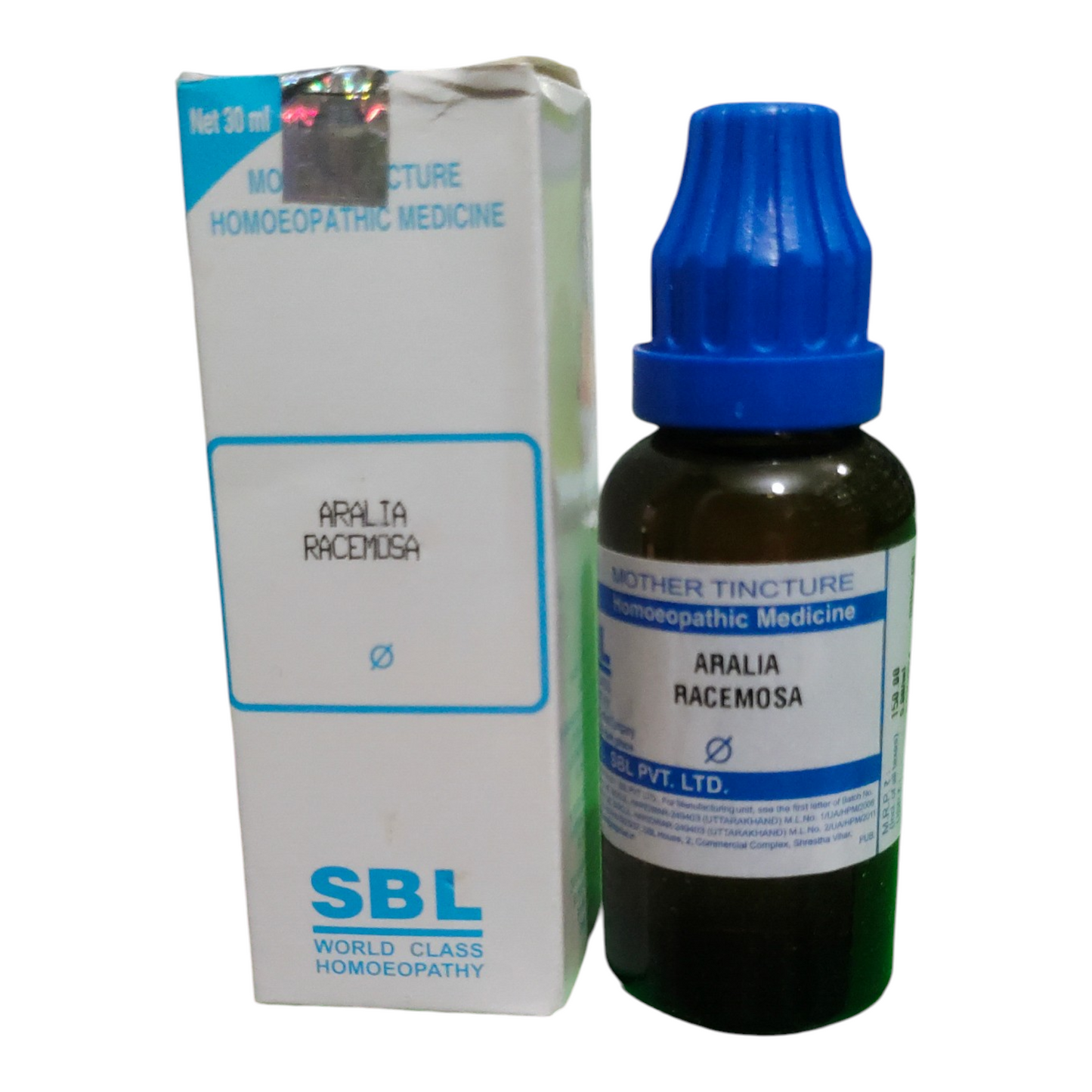 SBL Aralia Racemosa homeopathic medicine bottle and packaging on a white background