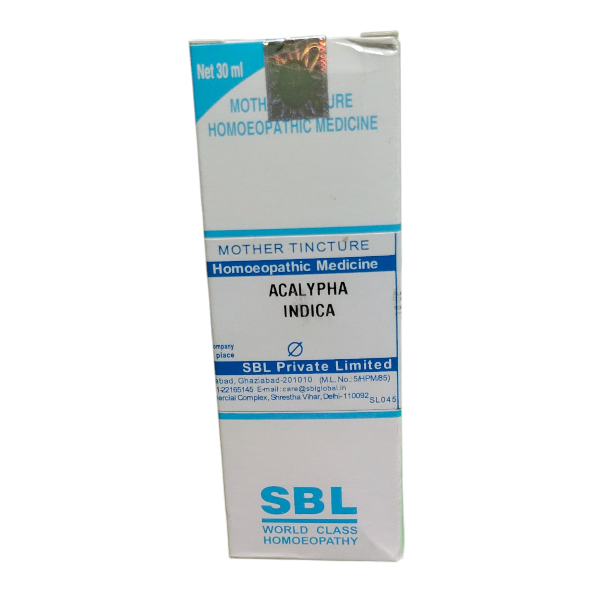 SBL homeopathic medicine box for Acalypha Indica on a white background