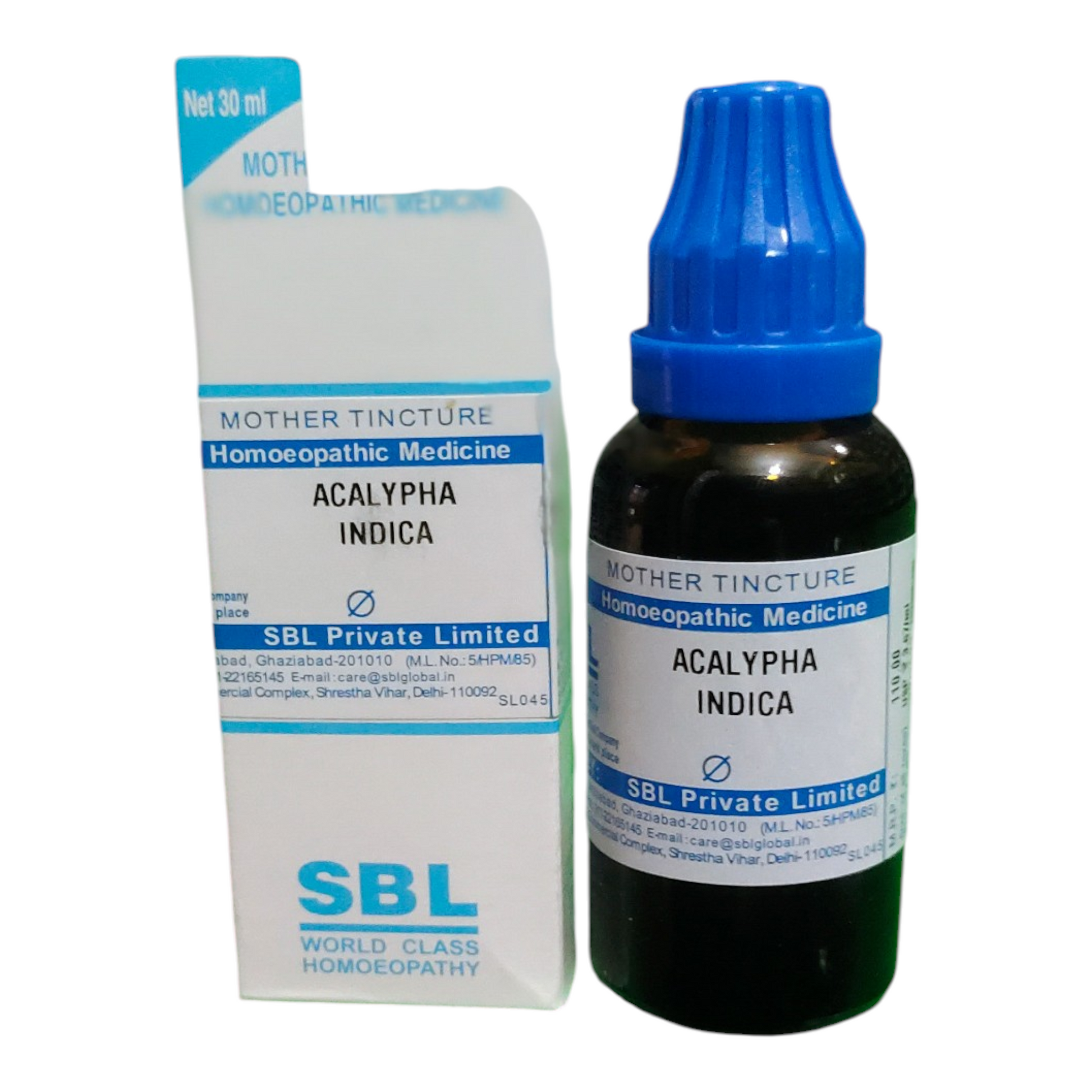 SBL Acalypha Indica homeopathic medicine bottle and packaging on a white background
