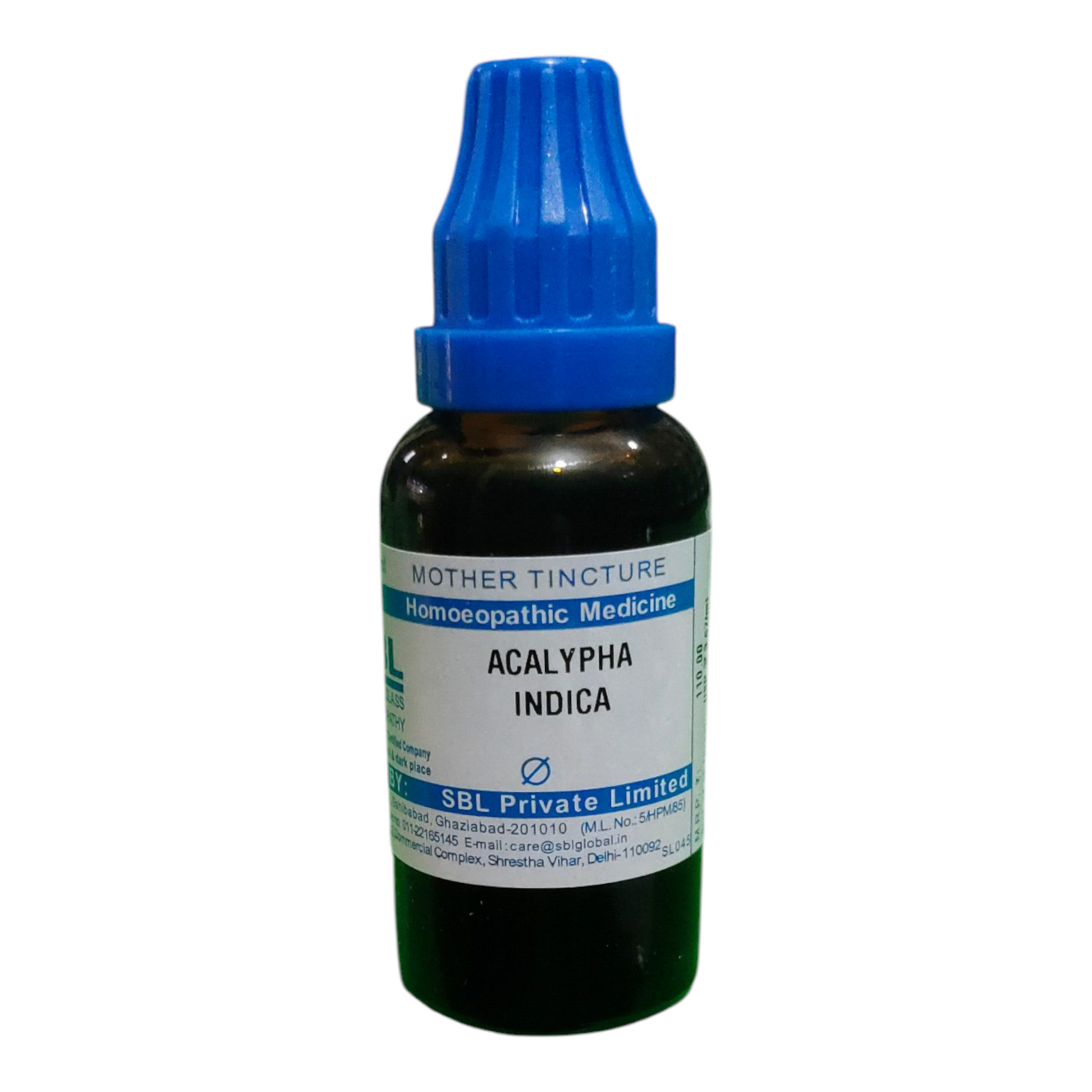 Bottle of Acalypha Indica homeopathic medicine with blue cap on a white background