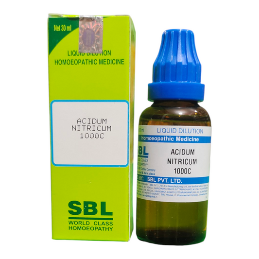 SBL Acidum Nitricum 1000C homeopathic medicine bottle and packaging on a white background