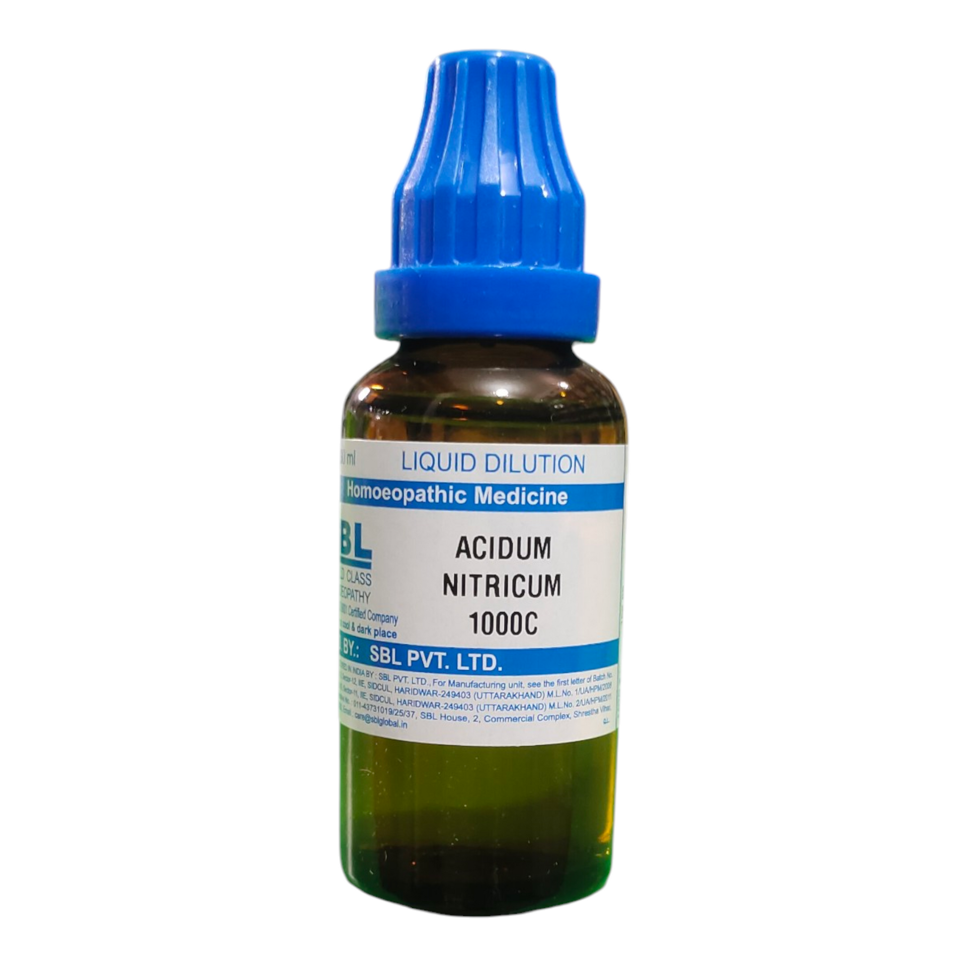 Bottle of Acidum Nitricum 1000C with blue cap on a white background