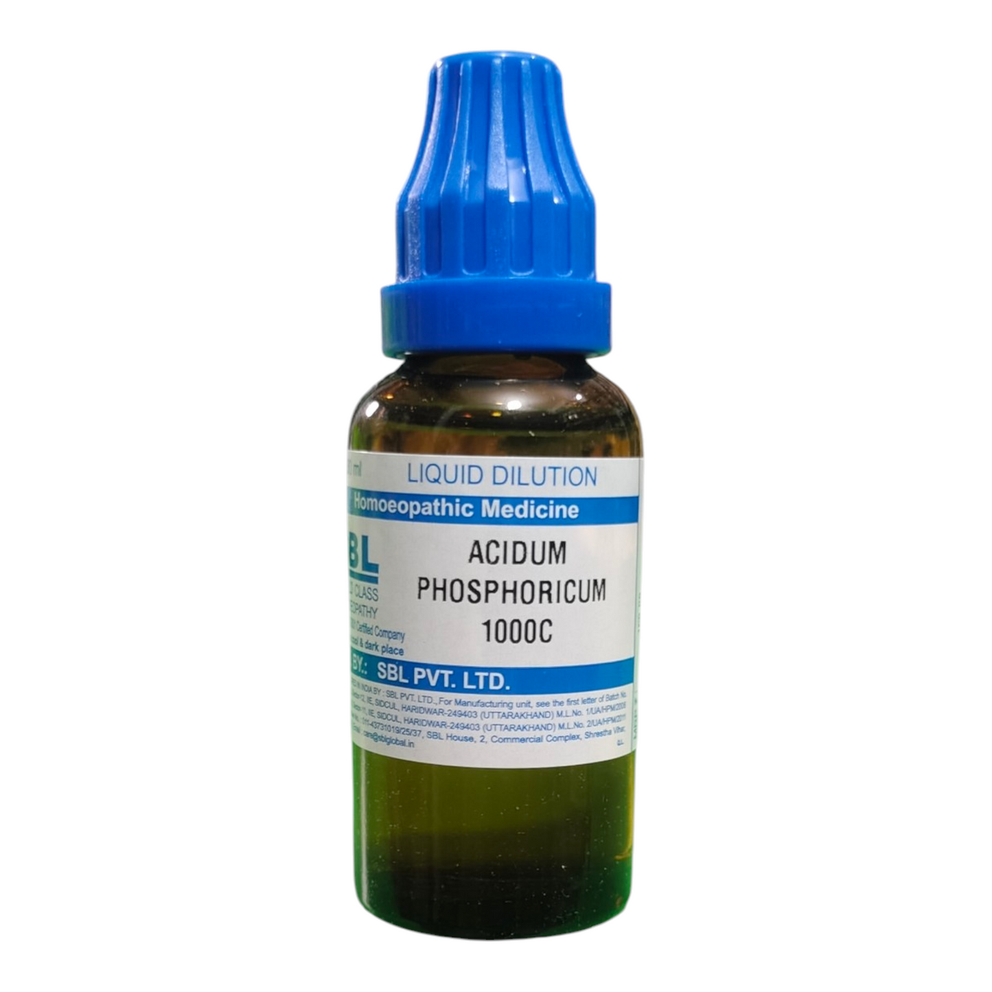 Bottle of SBL Acidum Phosphoricum 1000C homeopathic medicine on a white background