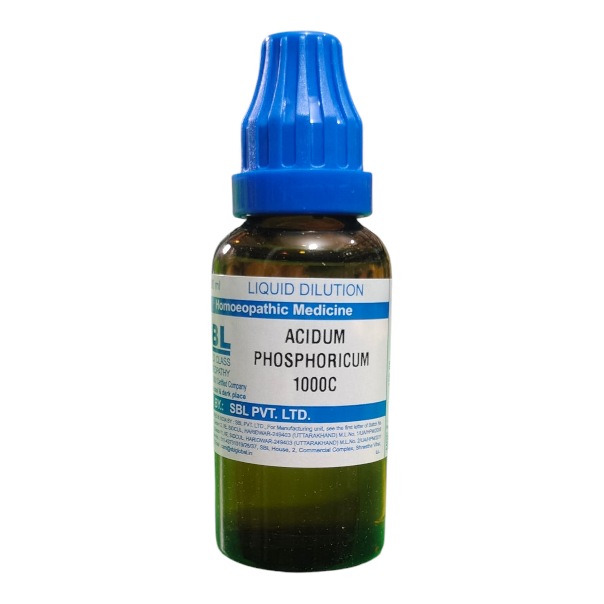 Bottle of SBL Acidum Phosphoricum 1000C homeopathic medicine on a white background