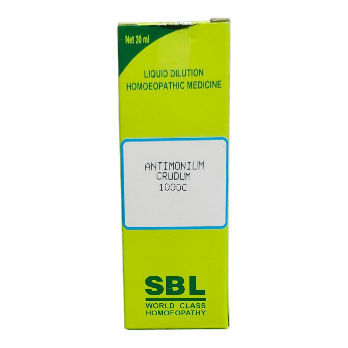 SBL Antimonium Crudum 1000C homeopathic medicine packaging on a white background