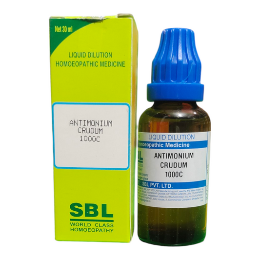 SBL Antimonium Crudum 1000C homeopathic medicine bottle and packaging on a white background