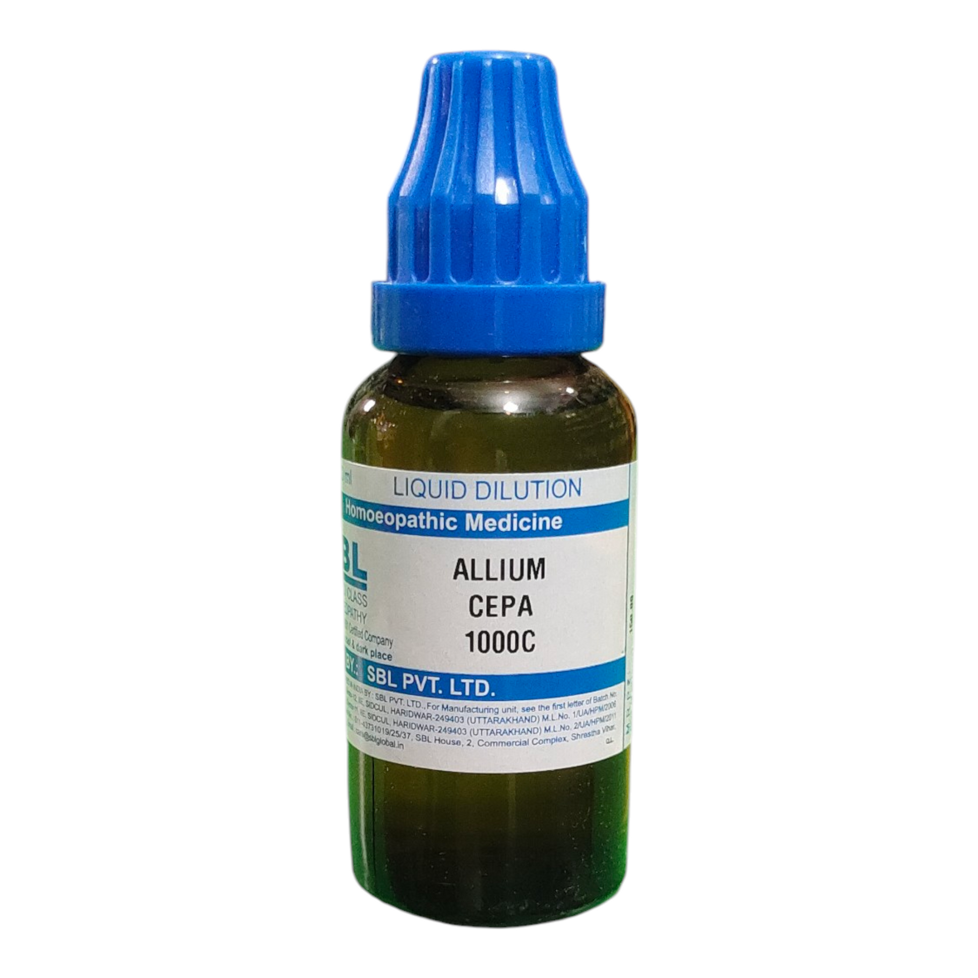 Bottle of Allium Cepa liquid dilution with blue cap on a white background