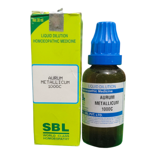 SBL Aurum Metallicum 1000C homeopathic medicine bottle and packaging on a white background
