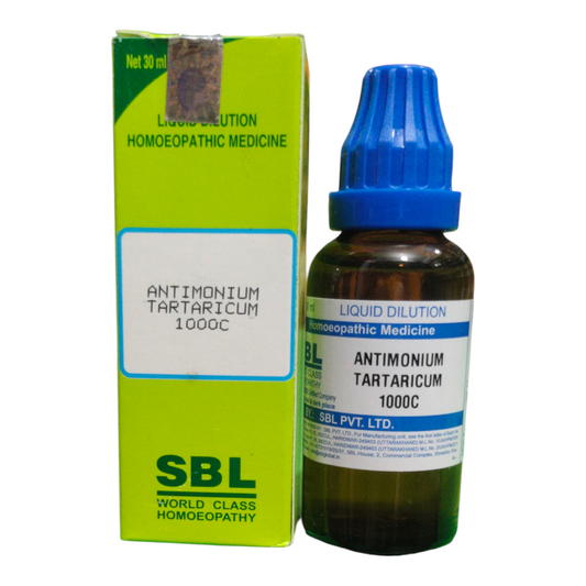 SBL Antimonium Tartaricum 1000C homeopathic medicine bottle and packaging on a white background
