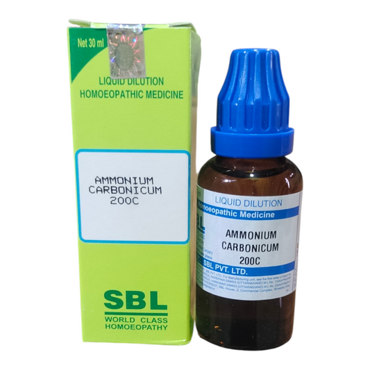 SBL Ammonium Carbonicum 200C homeopathic medicine bottle and packaging on a white background