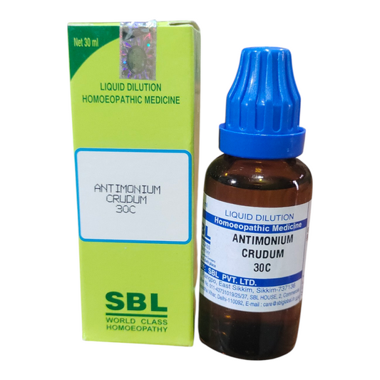 SBL Antimonium Crudum 30C homeopathic medicine bottle and packaging on a white background