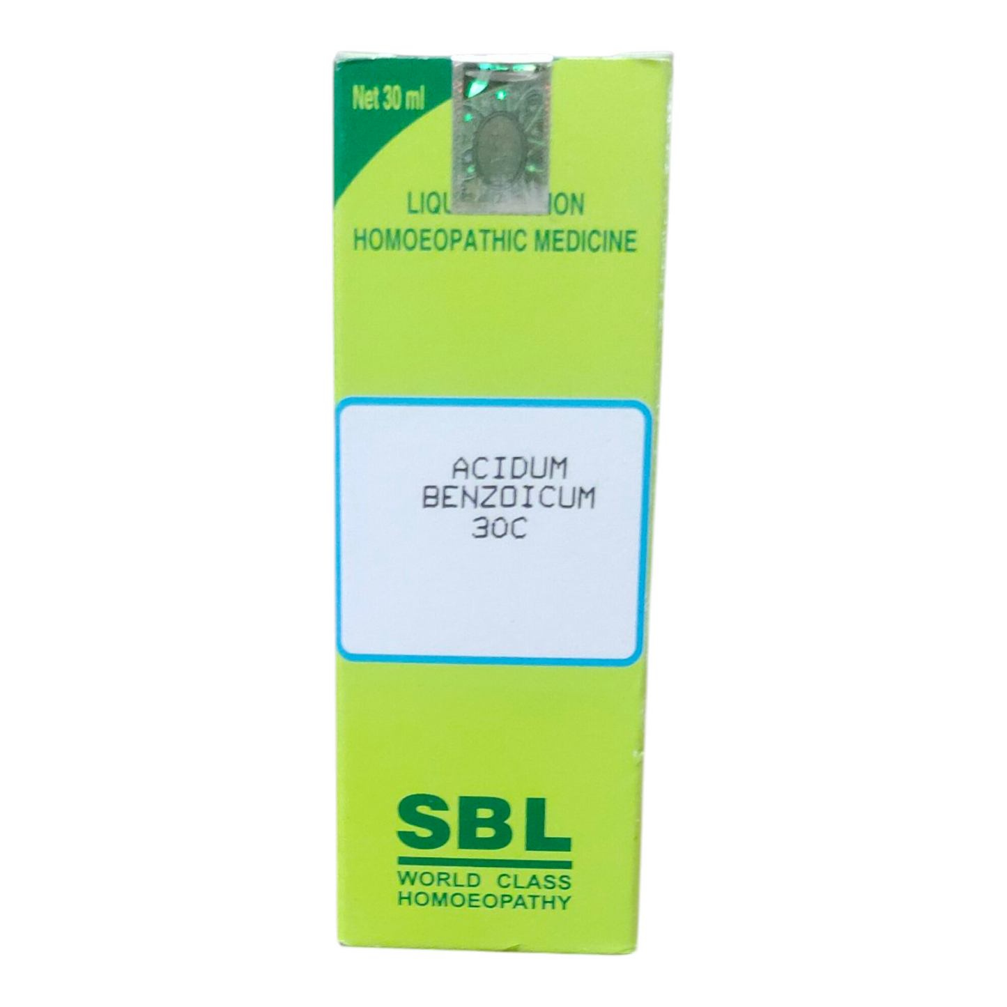 SBL Acidum Benzodicum 30c homeopathic medicine bottle on a white background