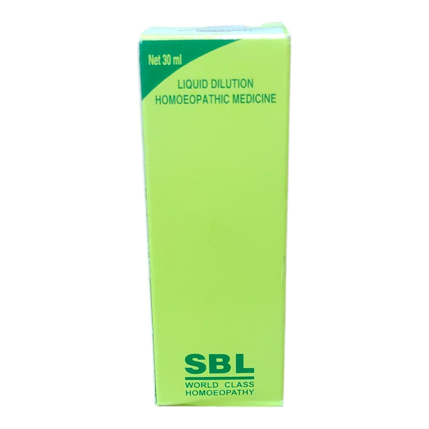 Green box of SBL homoeopathic medicine on a white background