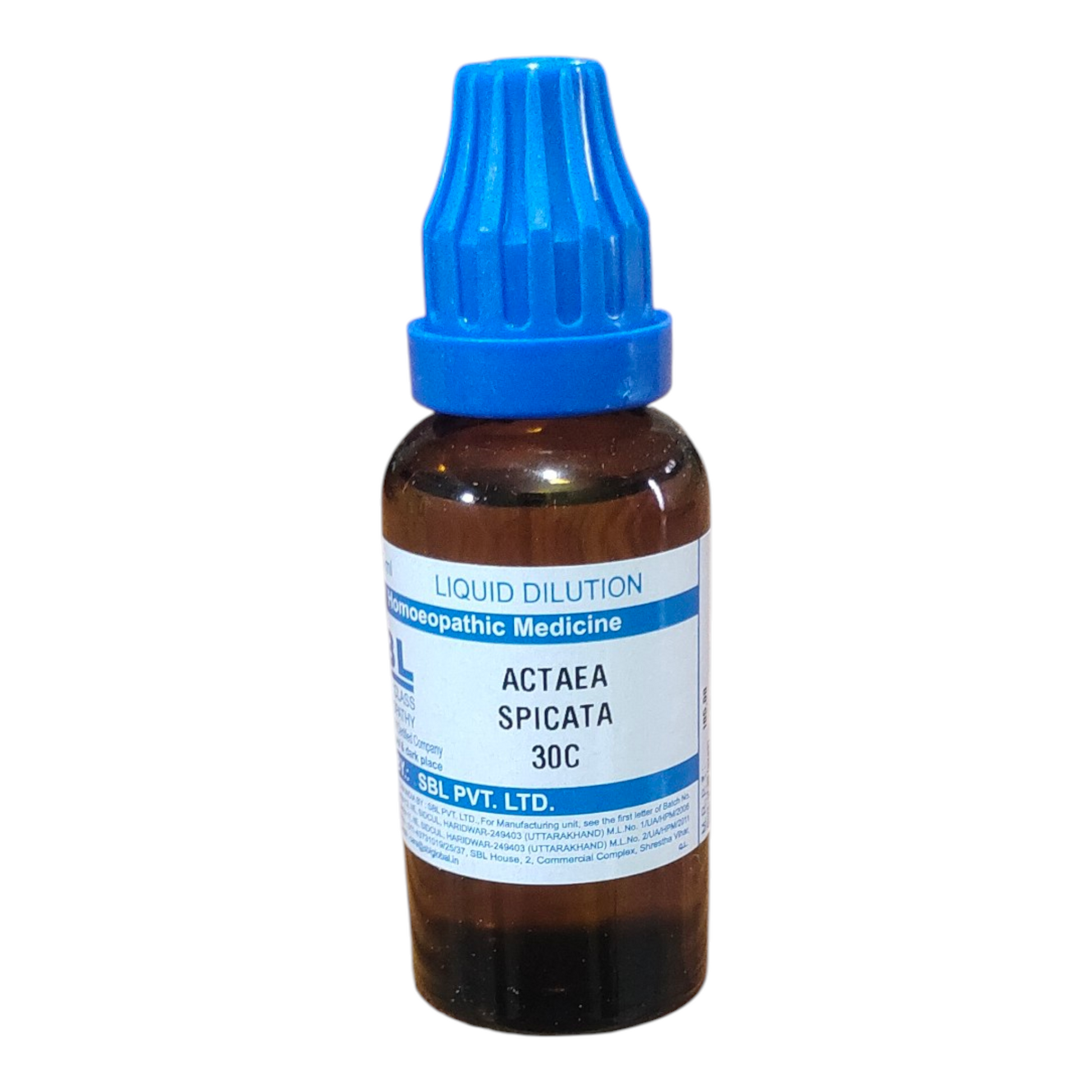Bottle of Actaea Spicata 30C homeopathic medicine with a blue cap on a white background