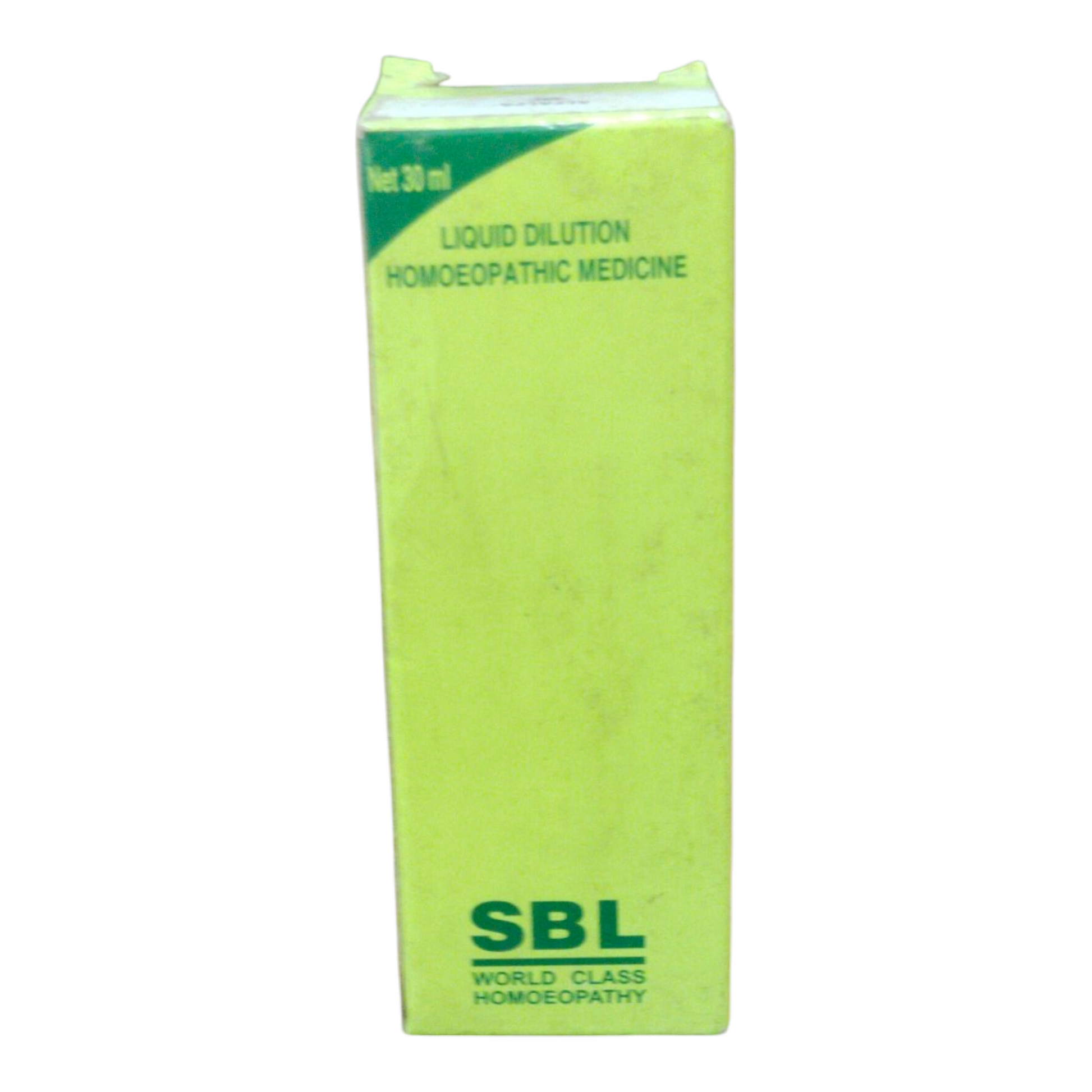 Green box of SBL liquid dilution homoeopathic medicine on a white background