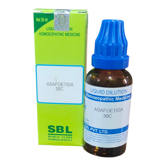 SBL Asafoetida 30C homeopathic medicine bottle and packaging on a white background