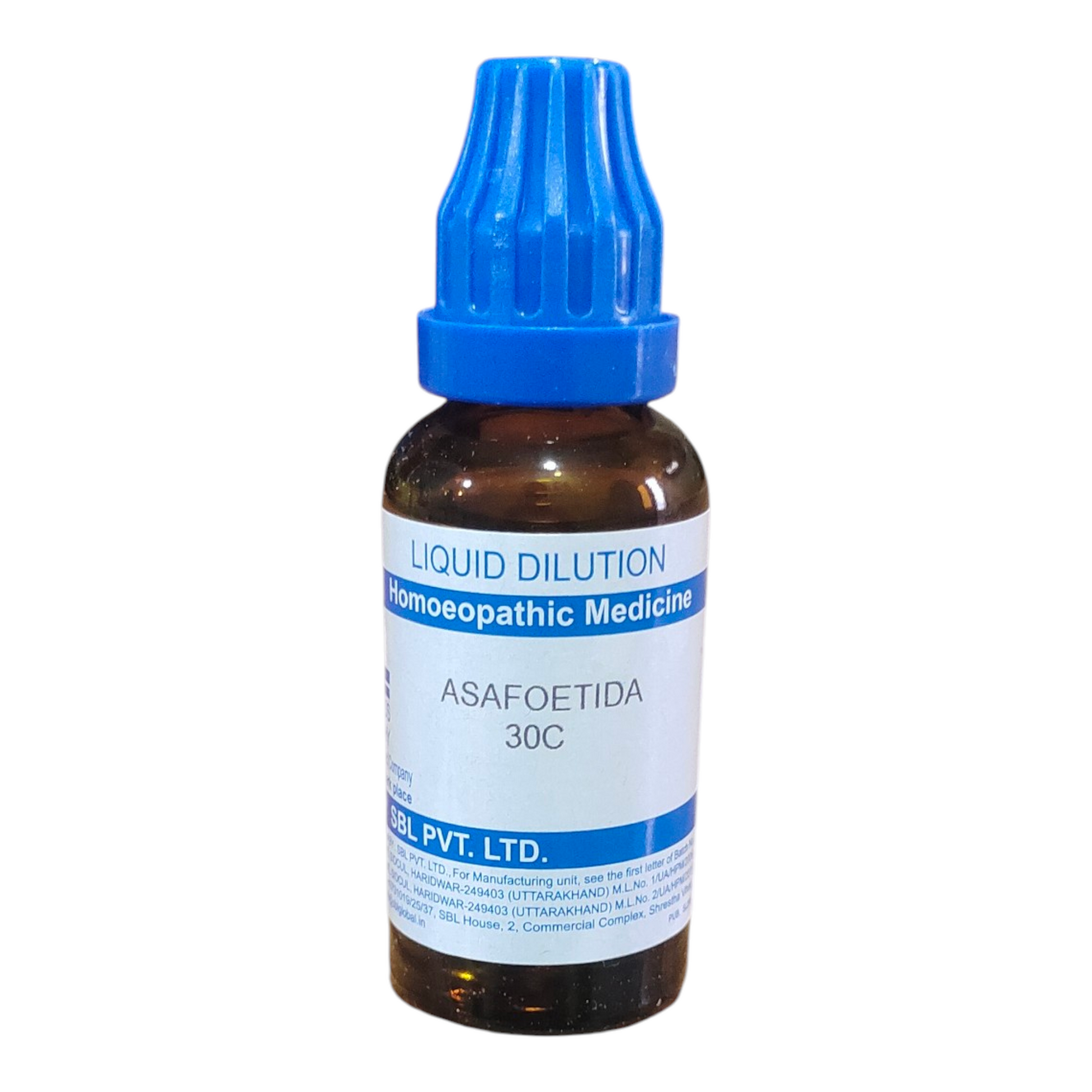 Bottle of Asafoetida liquid dilution with blue cap on a white background