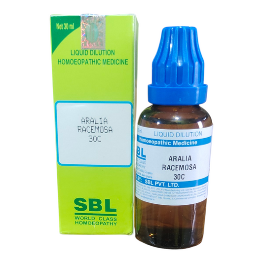 SBL Aralia Racemosa 30C homoeopathic medicine bottle and packaging on a white background