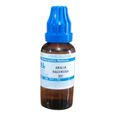 Bottle of Aralia Racemosa 30C liquid dilution with blue cap on a white background