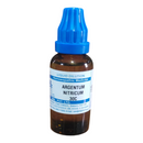 Brown bottle with blue cap labeled 'Argentum Nitricum 30C' on a white background